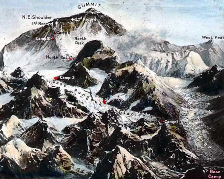 Эверест с разметкой лагерей 1922 г. «Лагерь №4» был на Северном седле.